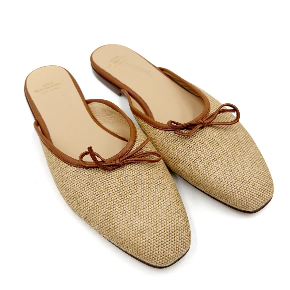 Ann Mashburn Joy Mules Beige Basketweave Raffia Leather Bow Flats Sz 38.5 / 8
